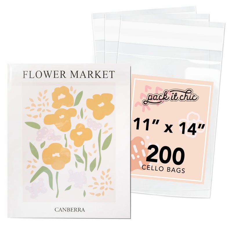 Pack It Chic 11 X 14 200 Pack Clear Resealable Cello Poly Bags Fits 11X14 Prints Photos Documents Self Seal